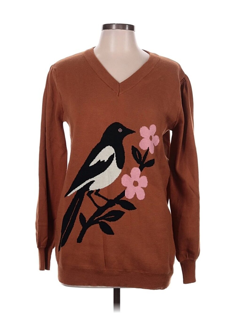 Oxknit Brown Magpie Bird Intarsia Knit Sweater Size L NWT
